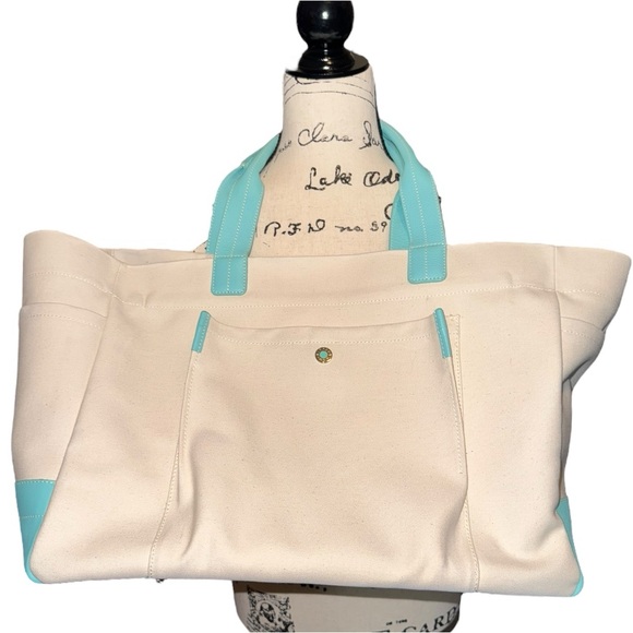 TIFFANY & CO Large Tiffany Blue/Natural Canvas Leather Trim Canvas Tote Bag - Picture 4 of 14